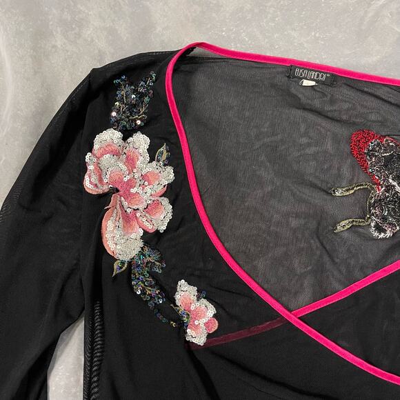 Vintage 00s sheer black mesh wrap blouse with sequin and embroideries (M) - Picture 6 of 9